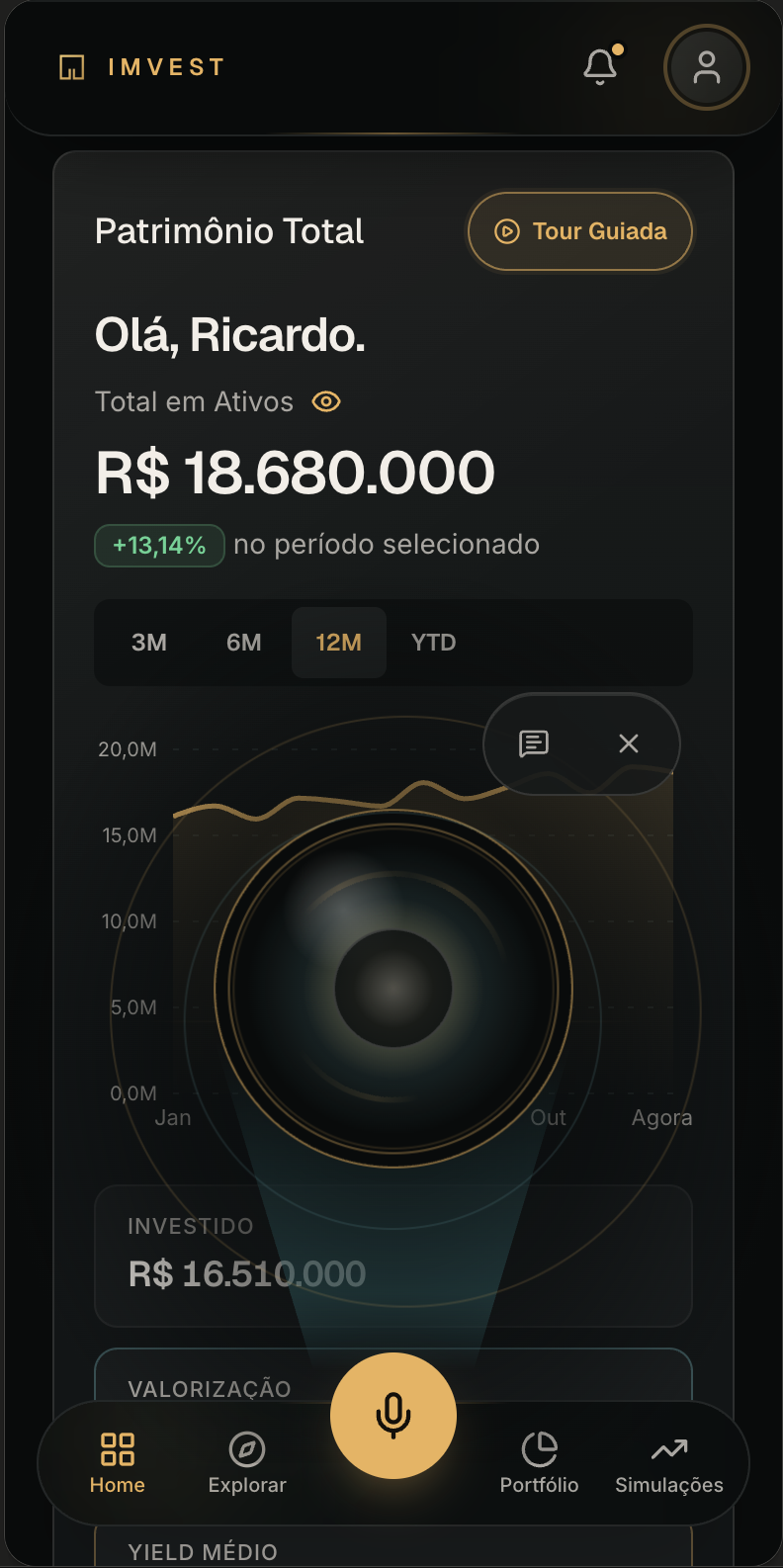 Tela inicial do app Imvest com patrimônio total, variação do período e gráfico de valorização