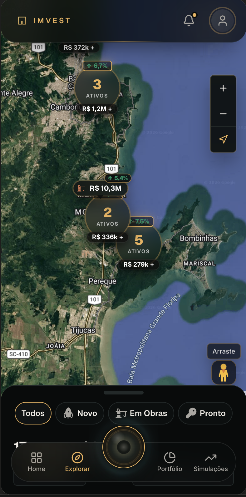 Mapa de oportunidades da Imvest no litoral de Santa Catarina com ativos por região